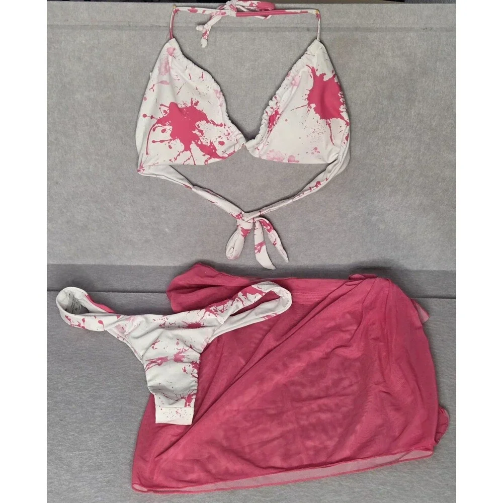 CUPSHE Pink/White Splash Print Bikini Set Sz S  W/Reversible Sarong Cover Up NWT